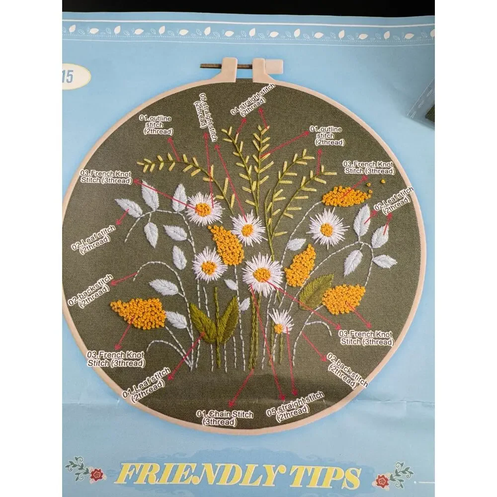 New White & Yellow Wildflowers Embroidery Kit - No. 615